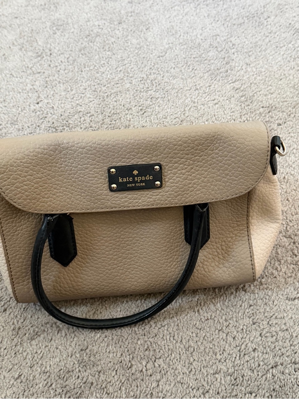 kate spade Beige Leather Satchel with Black Handles and Gold Plate
